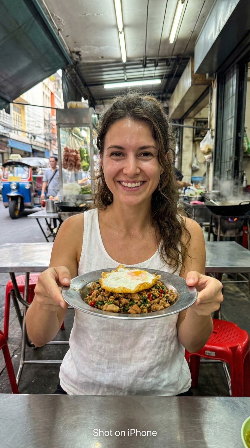 Nano Banana 2 AI generated woman in Bangkok street food scene