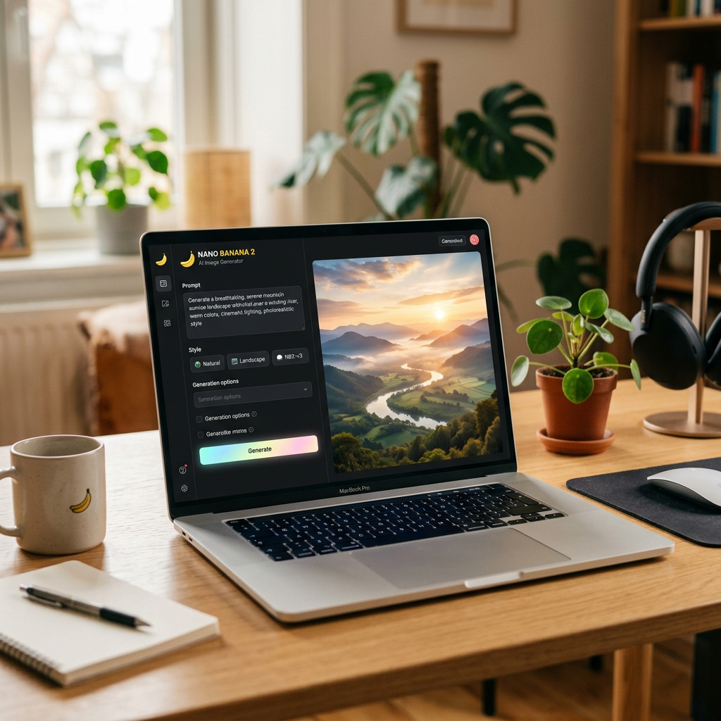 Nano Banana 2 running on laptop displaying AI-generated mountain landscape