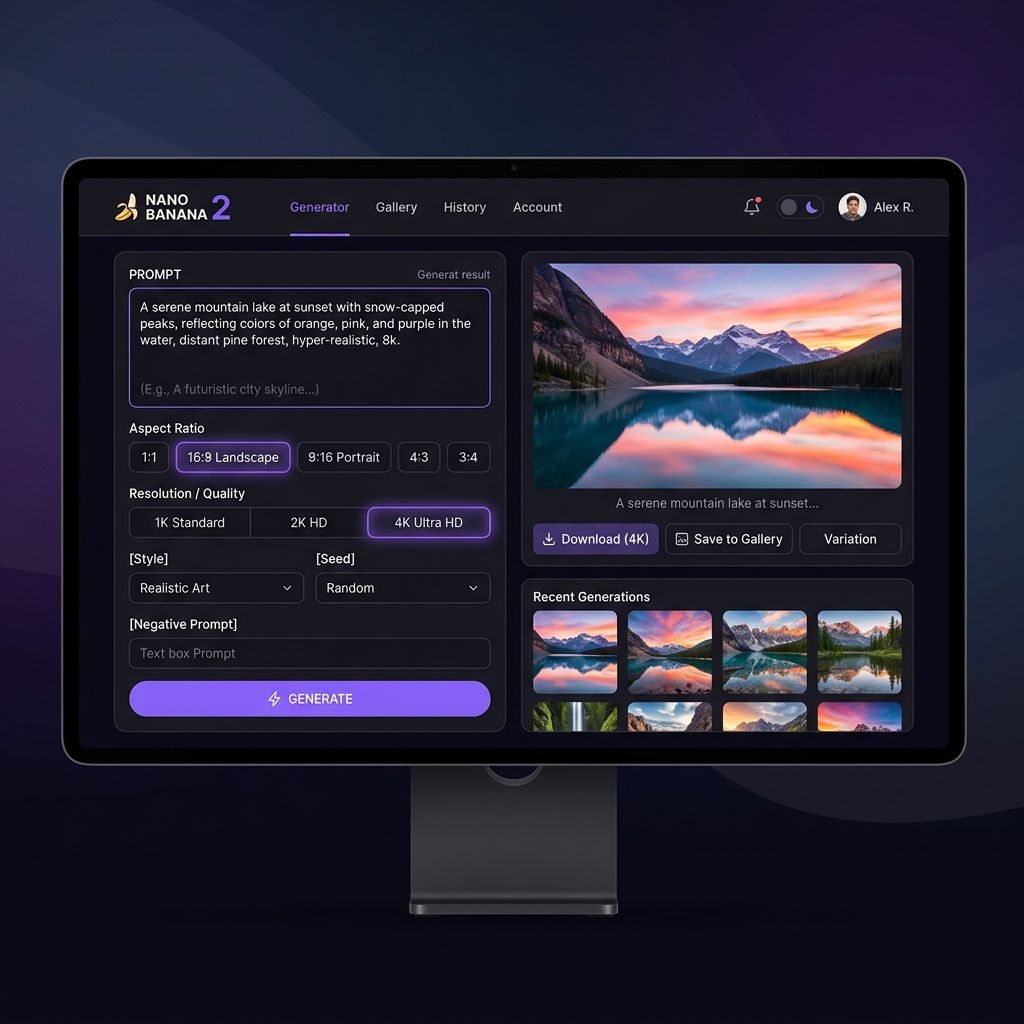 Nano Banana 2 AI image generator interface showing prompt input and generation controls