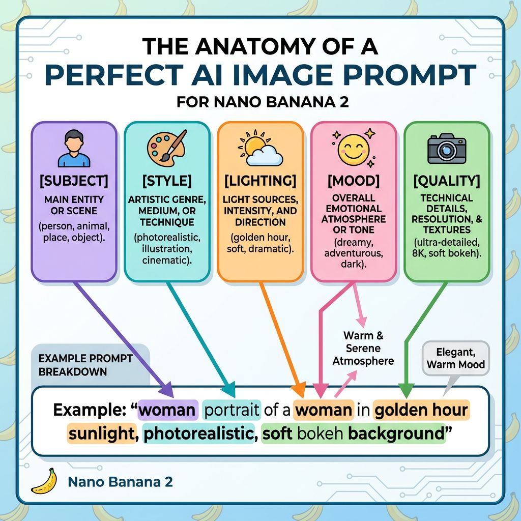 Anatomy of an AI image prompt for Nano Banana 2 showing subject, style, lighting, mood, and quality components