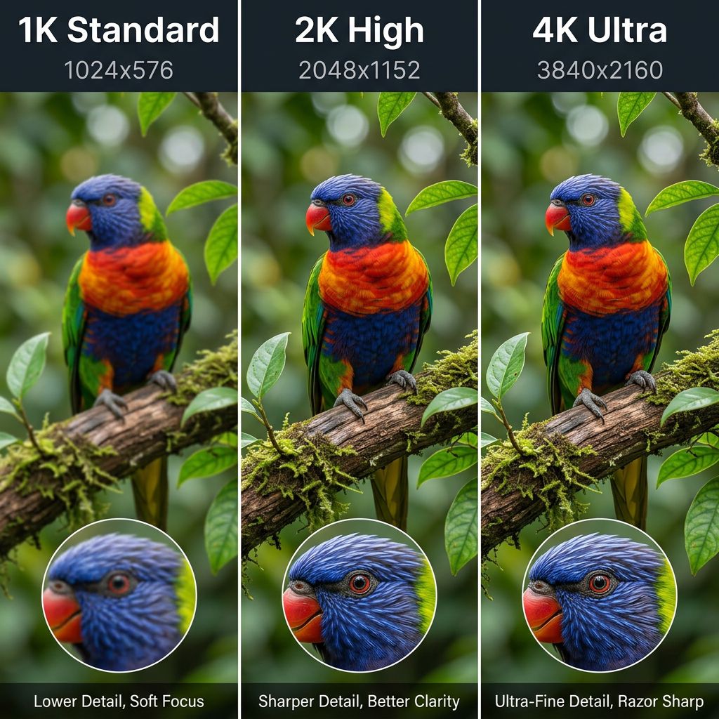 Nano Banana 2 resolution comparison showing 1K standard, 2K high definition, and 4K ultra image quality differences