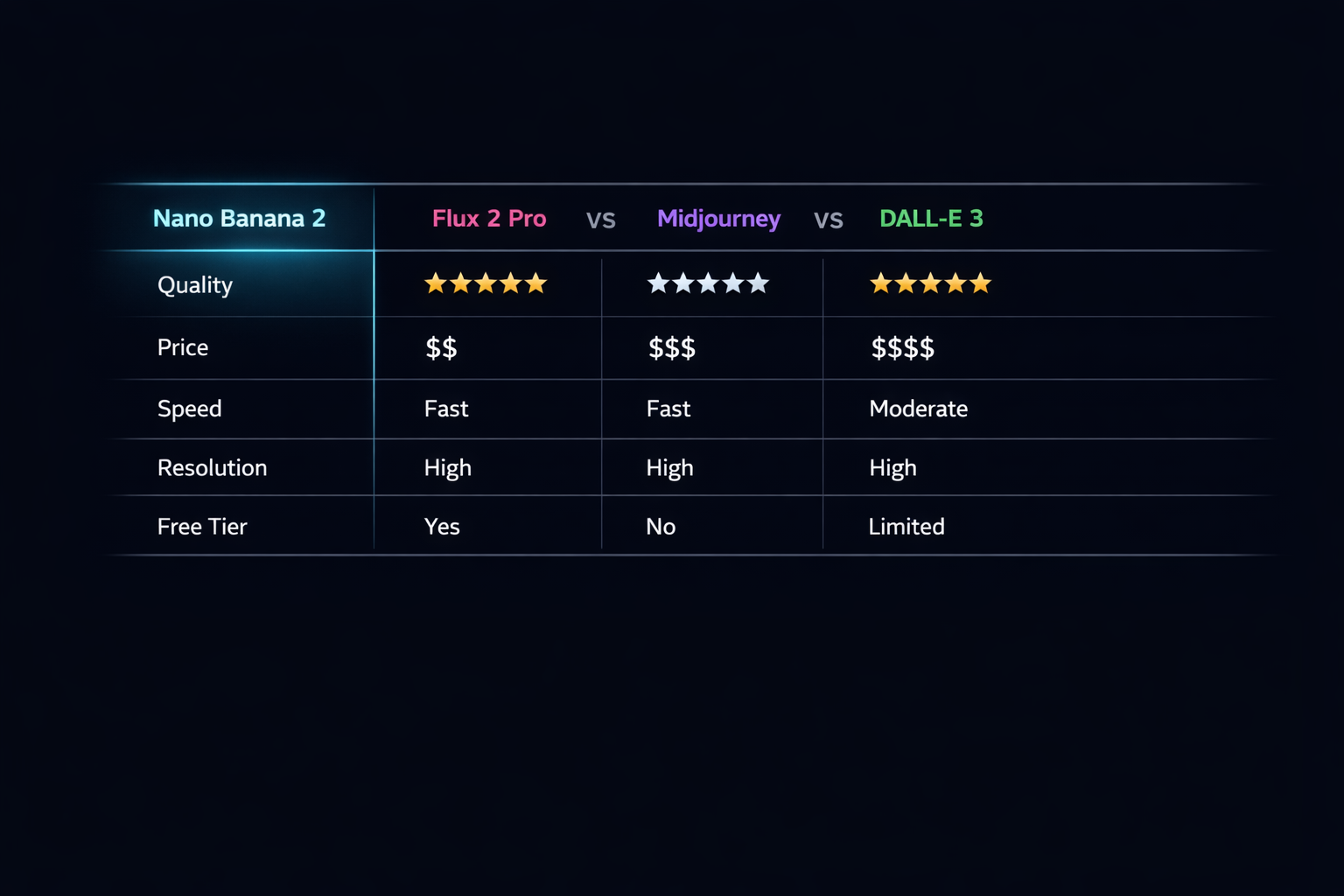 Nano Banana 2 compared to Flux 2 Pro, Midjourney, and DALL-E 3 across quality, price, speed, resolution, and free tier